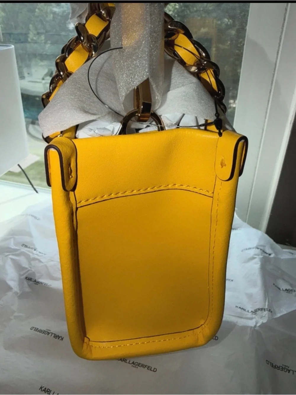 Karl Lagerfeld Bright Yellow Leather Chain Shoulder Bag